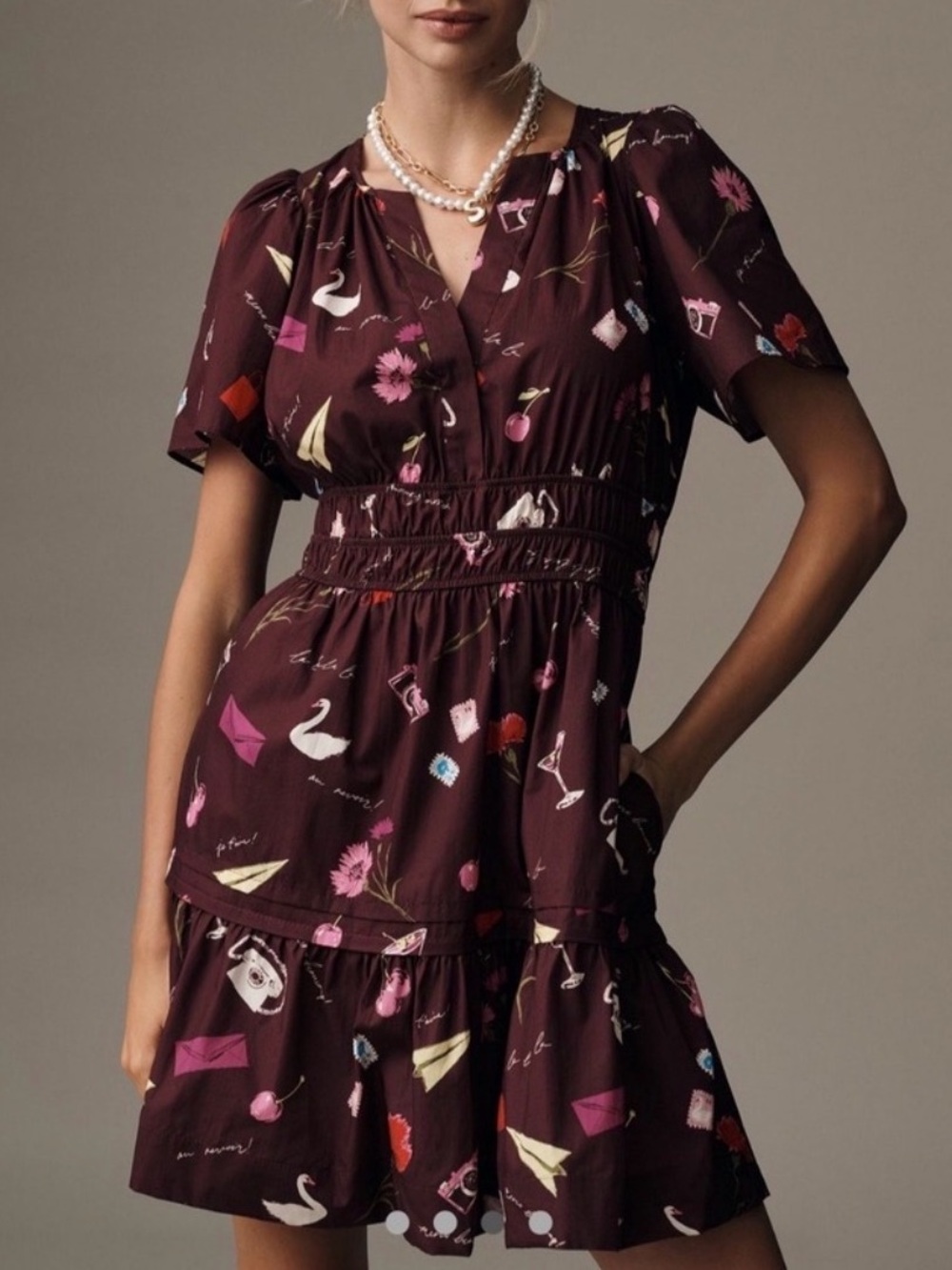 Anthropologie Burgundy Pink Novelty Printed Somerset Mini Dress L
